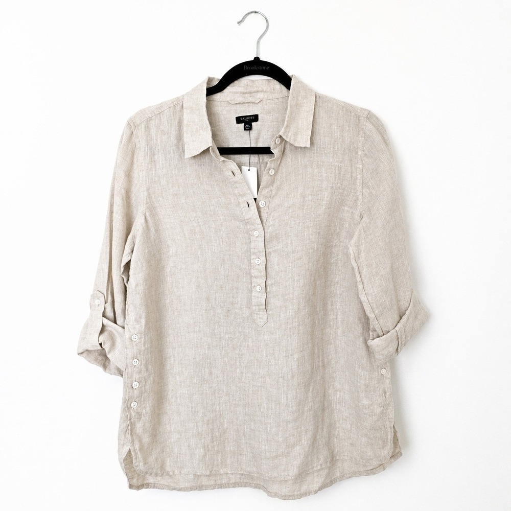 Talbots Popover Linen Top Women's Medium Petite MP Oatmeal NWT Roll Tab